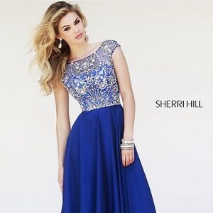 Sherri Hill Cap Sleeve Beaded Gown Royal Blue